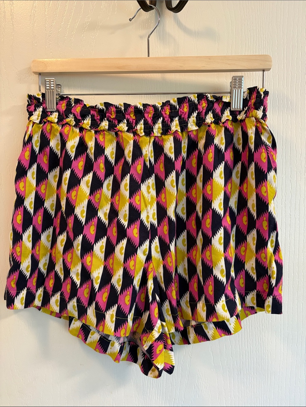 Anthropologie Black Geometric Paperbag Waist Shorts with Pink & Yellow Motif